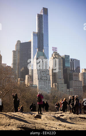 The  90 story luxury tower One57, center, on West 57th Street in Midtown Manhattan in New York is seen from Central Park on Saturday, January 17, 2015. A record has been set with the an undisclosed buyer purchasing a duplex in the luxury tower for the uber-rich for $100,471,452.77. The buyer purchased the 89th and 90th floors on the over 1000 foot tall residential building. (© Richard B. Levine) Stock Photo