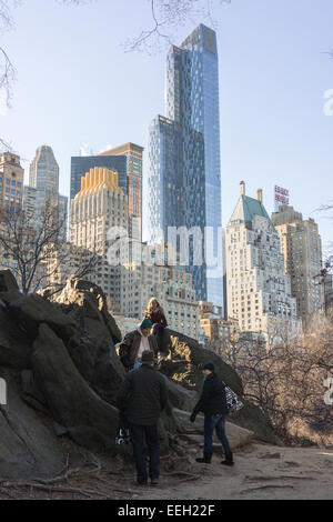 The  90 story luxury tower One57, center, on West 57th Street in Midtown Manhattan in New York is seen from Central Park on Saturday, January 17, 2015. A record has been set with the an undisclosed buyer purchasing a duplex in the luxury tower for the uber-rich for $100,471,452.77. The buyer purchased the 89th and 90th floors on the over 1000 foot tall residential building. (© Richard B. Levine) Stock Photo