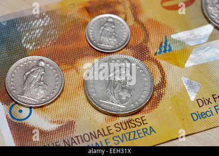 swiss francs banknotes and coins Stock Photo