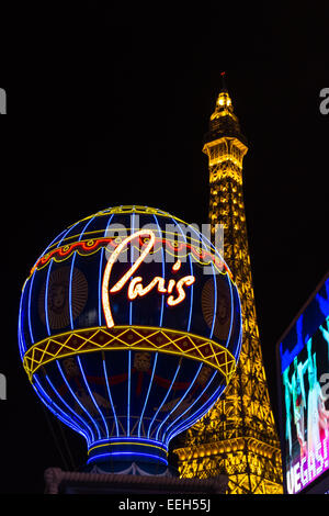Las Vegas Nevada - December 14 :street view of the Eiffel tower and globe at nighttime, December 14 2014 in Las Vegas, Nevada Stock Photo
