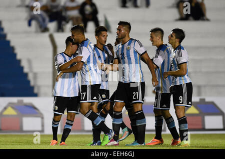 Colonia, Uruguay. 18th Jan, 2015. Argentina's players celebrate during a match of the South American U20 soccer tournament with Peru at the Alberto Supici Stadium in Colonia, Uruguay, Jan. 18, 2015. © Nicolas Celaya/Xinhua/Alamy Live News Stock Photo