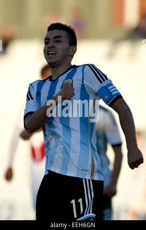 Colonia, Uruguay. 18th Jan, 2015. Argentina's Angel Correa celebrates during a match of the South American U20 soccer tournament with Peru at the Alberto Supici Stadium in Colonia, Uruguay, Jan. 18, 2015. © Nicolas Celaya/Xinhua/Alamy Live News Stock Photo