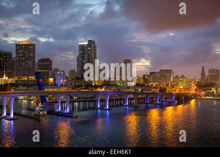 Twilight over the harbor and buildings of Miami, Florida, USA Stock Photo