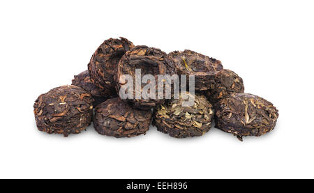different kinds of aged chinese puer tea isolated on white Stock Photo