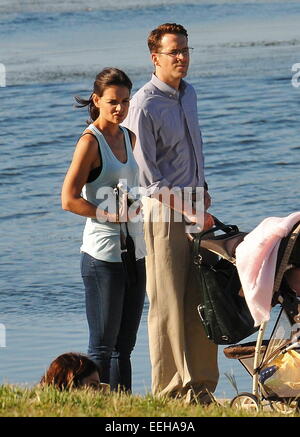 Katie Holmes and Ryan Reynolds film scenes for their upcoming movie 'Woman In Gold' on location in a park  Featuring: Katie Holmes,Ryan Reynolds Where: Encino, California, United States When: 16 Jul 2014 Stock Photo