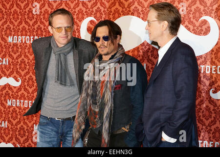 London, UK. 18th Jan, 2015. Paul Bettany, Johnny Depp and Film Director David Koepp at the Photocall for the film 'Mortdecai' at the Adlon Hotel in Berlin, Germany. On January 18th, 2015./picture alliance Credit:  dpa picture alliance/Alamy Live News Stock Photo