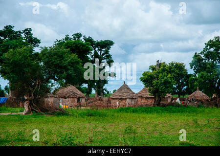 Traditional village with mud brick and thatched roof huts, Senegal. Stock Photo