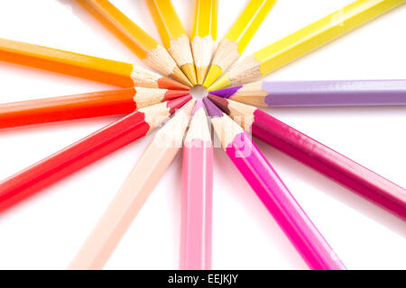 Color pencils arrangement in circle set isolated on white background Stock Photo