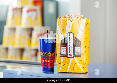 Snacks On Concession Counter At Cinema Stock Photo