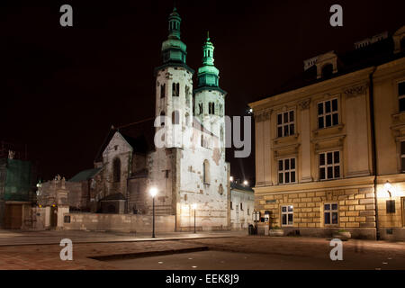 Church of St. Andrew at night in the Old Town of Krakow in Poland, view from St Mary Magdalene Square. Stock Photo