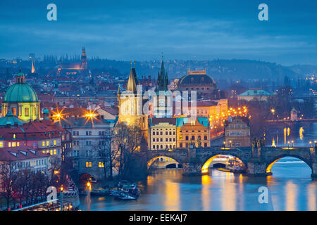 Prague.  Image of Prague, capital city of Czech Republic and Charles Bridge, during twilight blue hour. Stock Photo