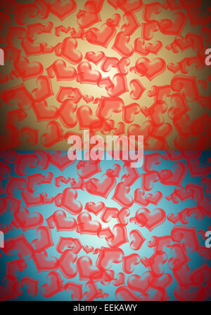 Many sizes red heart on two color blue and yellow background with gradient light from the middle. Stock Photo