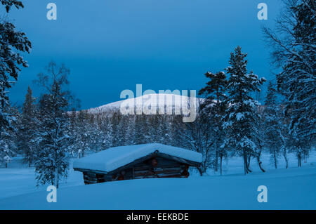 This snowy landscape shot was taken during the period of polar night in Urho Kekkonen national park, Finland. Stock Photo