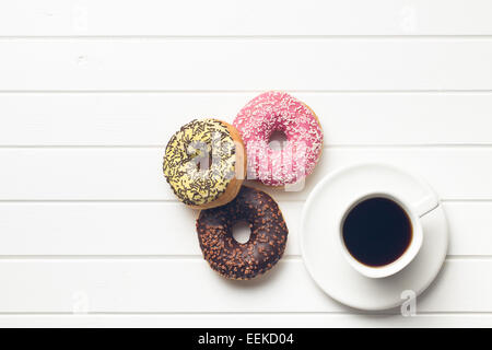 top view of various donuts with coffee Stock Photo