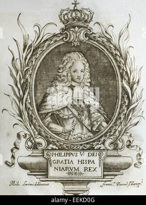 Philip V (1683-1746). King of Spain (1700-january, 1724 and september 1724-1746). He abdicated in favour of his son Louis and he assumed the throne again upon his son's death. Portrait. Engraving, 1719.