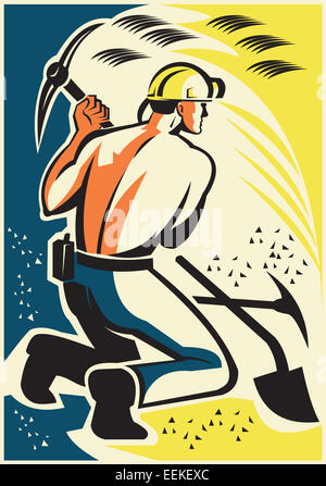 Illustration of a coal miner mining digging with pick ax inside mine done in retro style. Stock Photo