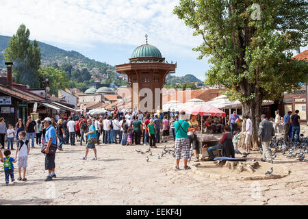 Sebilj, a pseudo-Ottoman style wooden fountain in the centre of Baščaršija square in Sarajevo built by Mehmed Pasha Kukavica in  Stock Photo