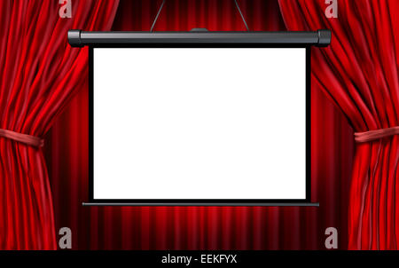 Show screen in a cinema or theater scene with open red velvet curtains as an entertainment symbol with a white blank background. Stock Photo
