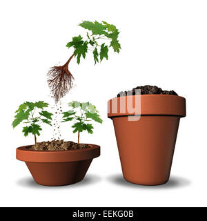 Ambition concept and career promotion from an overcrowded market as a flying sapling tree jumping out of a flower pot to a large Stock Photo