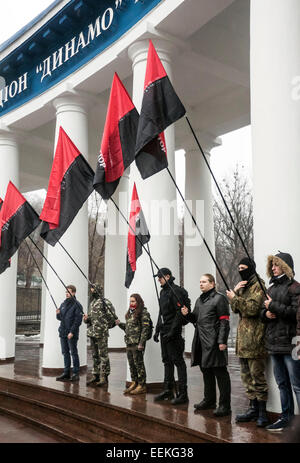 Kiev, Ukraine. 19th Jan, 2015. 'Right sector' in the Monday, January 19, 2015, held in Kiev campaign, timed to coincide with the anniversary of the clashes between the police and members of Euromaidan on the street Hrushevskogo. Representatives of the organization have the stele 'Dinamo' stadium name Lobanovsky made several 'Molotov cocktails'. In November 2014 the organization 'Right Sector' was banned in Russia as an extremist organization. According to the results of the parliamentary elections in Ukraine party 'Right sector' could not overcome the entrance barrier to the Verkhovna Rada. © 