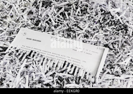 Half shredded 'Top Secret' classified correspondence intended for the UK Prime Minister. Stock Photo