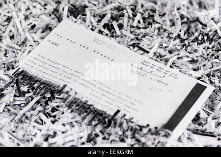 Half shredded 'Top Secret' classified correspondence describing a meeting between the Prime Minister and the Attorney General. Stock Photo