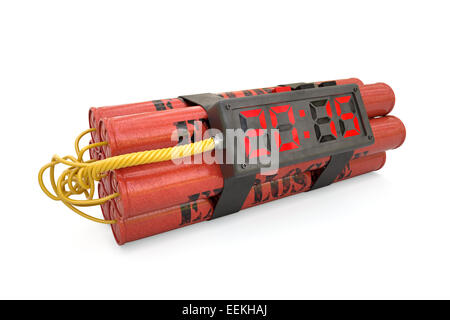 3d explosives with alarm clock 2015 detonator isolated on white background Stock Photo