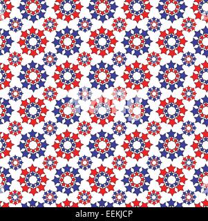 Red and blue stars in big and small circles, a seamless background pattern