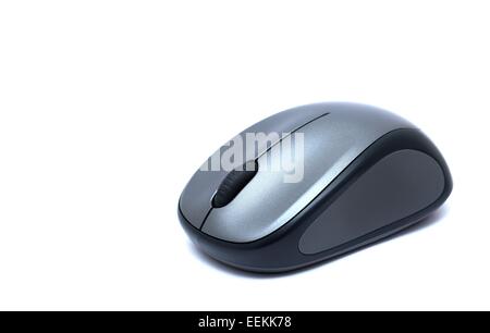 Gray wireless mouse placed on a white background. Stock Photo