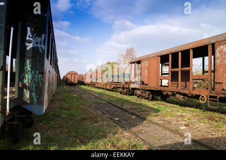 Old railway wagons on siding and waiting to cassation or repair. Stock Photo