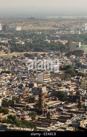 View across Jodhpur city streets and the market square clocktower, in the state of Rajasthan, India Stock Photo