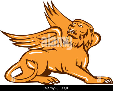 Illustration of a griffin, griffon, or gryphon sitting down looking up viewed from side on isolated white background done in retro style Stock Photo