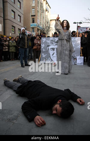 Ankara, Turkey. 19th Jan, 2015. Dramatization for the murder of Hrant Dink, Several thousand protesters in Ankara's Kizilay Square marked the anniversary of Hrant Dink's killing. Attendees chanted ''We are all Hrant Dink'' and ''Murderer state will account for this''. Turkish-Armenian journalist Hrant Dink was shot dead in 2007 in front of the Agos newspaper in Istanbul. Ogun Samast, who was 17 at the time of the killing, was sentenced to 23 years in prison for having committed the murder. Credit:  Tumay Berkin/ZUMA Wire/ZUMAPRESS.com/Alamy Live News Stock Photo