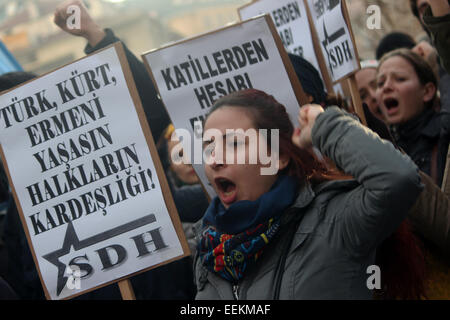 Ankara, Turkey. 19th Jan, 2015. Several thousand protesters in Ankara's Kizilay Square marked the anniversary of Hrant Dink's killing. Attendees chanted ''We are all Hrant Dink'' and ''Murderer state will account for this''. Turkish-Armenian journalist Hrant Dink was shot dead in 2007 in front of the Agos newspaper in Istanbul. Ogun Samast, who was 17 at the time of the killing, was sentenced to 23 years in prison for having committed the murder. Credit:  Tumay Berkin/ZUMA Wire/ZUMAPRESS.com/Alamy Live News Stock Photo