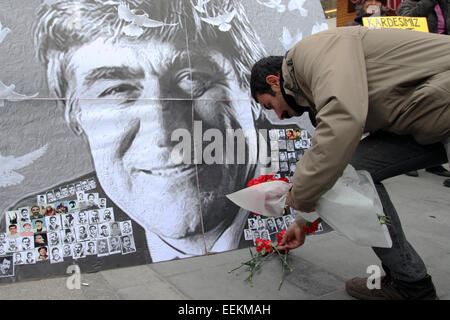 Ankara, Turkey. 19th Jan, 2015. Several thousand protesters in Ankara's Kizilay Square marked the anniversary of Hrant Dink's killing. Attendees chanted ''We are all Hrant Dink'' and ''Murderer state will account for this''. Turkish-Armenian journalist Hrant Dink was shot dead in 2007 in front of the Agos newspaper in Istanbul. Ogun Samast, who was 17 at the time of the killing, was sentenced to 23 years in prison for having committed the murder. Credit:  Tumay Berkin/ZUMA Wire/ZUMAPRESS.com/Alamy Live News Stock Photo