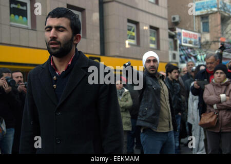 Ankara, Turkey. 19th Jan, 2015. Dramatization for the murder of Hrant Dink, Several thousand protesters in Ankara's Kizilay Square marked the anniversary of Hrant Dink's killing. Attendees chanted ''We are all Hrant Dink'' and ''Murderer state will account for this''. Turkish-Armenian journalist Hrant Dink was shot dead in 2007 in front of the Agos newspaper in Istanbul. Ogun Samast, who was 17 at the time of the killing, was sentenced to 23 years in prison for having committed the murder. Credit:  Tumay Berkin/ZUMA Wire/ZUMAPRESS.com/Alamy Live News Stock Photo