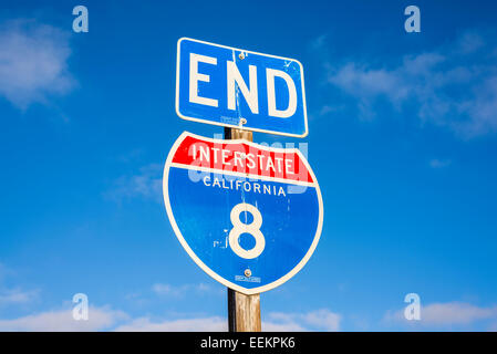 Road sign depicting the end point of Interstate 8 in California heading in the western direction.  San Diego, California, United Stock Photo