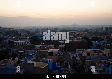 View of Jodhpur cityscape at sunrise, with the Umaid Bhawan Palace in the distance. State of Rajasthan, India Stock Photo