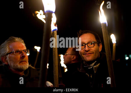 Copenhagen, Denmark, January 19th, 2015: Demonstrators with torches in the new Danish Pegida movement in front of the National Gallery in Copenhagen. Some 300 people participated in this first – and German inspired - Pegida demonstration in Denmark. Credit:  OJPHOTOS/Alamy Live News Stock Photo
