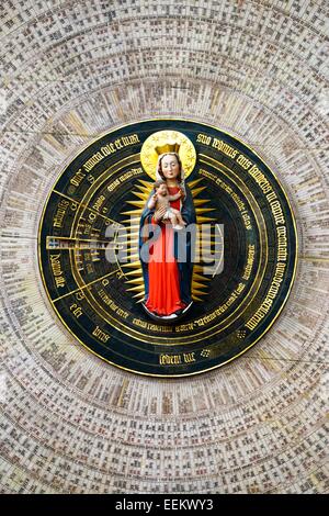 Gdansk Poland. 15th C Gdansk Astronomical Clock, St Mary’s Church. Mary and Jesus at centre of calendar dial of saint’s days Stock Photo