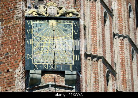 Gdansk Poland. Sun dial by Anton Glazier dating from 1589 on south wall of The Main Town Hall in the heart of the Old Town Stock Photo