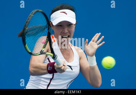 Melbourne, Australia. 20th Jan, 2015. Zheng Jie of China returns the ball during the women's singles first round match against Kai-Chen Chang of Chinese Taipei at the Australian Open tournament in Melbourne, Australia, Jan. 20, 2015. Zheng Jie lost 0-2. Credit:  Bai Xue/Xinhua/Alamy Live News Stock Photo