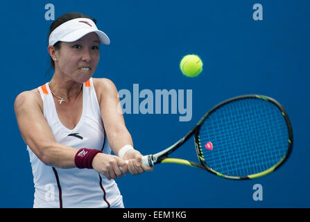 Melbourne, Australia. 20th Jan, 2015. Zheng Jie of China returns the ball during the women's singles first round match against Kai-Chen Chang of Chinese Taipei at the Australian Open tournament in Melbourne, Australia, Jan. 20, 2015. Zheng Jie lost 0-2. Credit:  Bai Xue/Xinhua/Alamy Live News Stock Photo