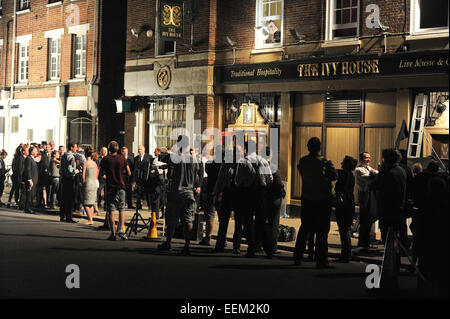 Tom Hardy and Emily Browning on set of their new film 'Legend'  Featuring: View Where: London, United Kingdom When: 18 Jul 2014 Stock Photo
