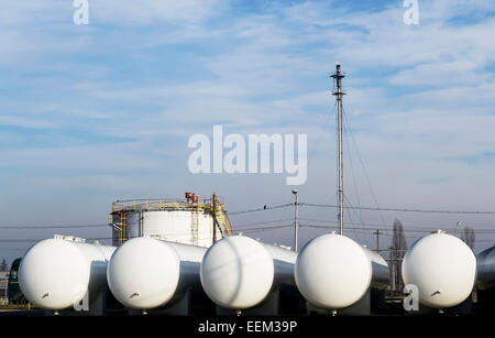 New , white natural gas storage tanks ready to be installed Stock Photo