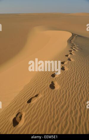 Footprints on a dune in the Nubian Desert in Dongola, Northern, Nubia, Sudan Stock Photo