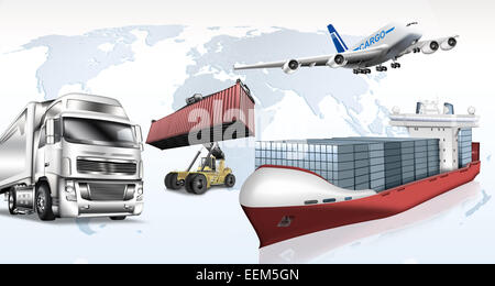 Various means of transport in front of world map, illustration Stock Photo