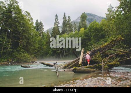 Boy standing on a fallen tree trunk at the edge of a lake, USA Stock Photo