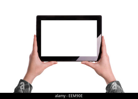 Hands holding Digital Tablet Computer in horizontal position with Blank White Screen as Copy Space isolated on white background Stock Photo