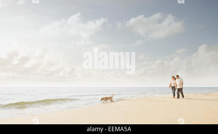 Caucasian couple walking dog on beach Stock Photo